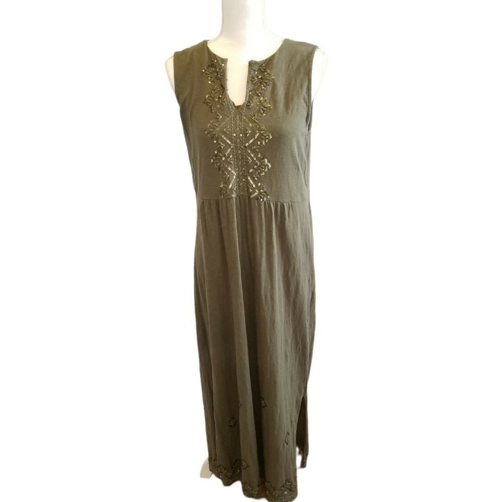 J Jill Green Sleeveless Beaded Maxi Dress Size Small Cotton Side slits
